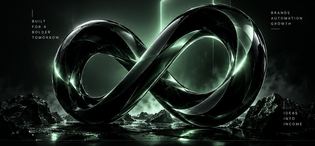 Black glass infinity sculpture illuminated in emerald green. Built for a bolder tomorrow. Brands, automation, growth. Ideas into income.